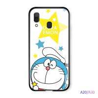 PMP Casing สำหรับ Samsung Galaxy A10 A20 A30 A50 A70กรณีการ์ตูนแมว Doraemon กรณี Glossy กระจกนิรภัยด้านหลัง Soft Edge ฝาครอบ