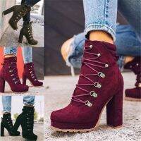 ✉◕◙ cri237 Ds Womens Suede Boots with High and Thick Heel Fashion Boots Lace Up Non-slip Shoes