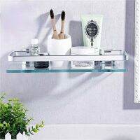 ☈☊ Tempered Glass Bathroom Shelf Aluminum Storage Rack Rectangular 30 40 50cm 1 Tier Silver Sand Sprayed Wall Mounted