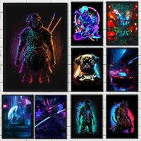 2023☏☊ 80s Pop Art Neon Cyber Punk Samurai Poster Aesthetic Assassin Future Mask Soldier Cat Car Canvas Print Girl Wall Art Room Decor