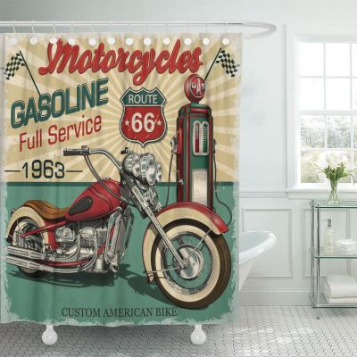 Shower Curtain Retro Vintage Gasoline Route 66 Classic Motorcycles Waterproof Polyester Fabric Bathtub Curtain With Hooks