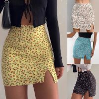 【CW】 Fashion Broken Flowers Printing Waist Slit A line Skirt