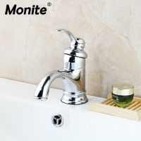 Monite ห้องน้ำทองเหลืองโครเมียมสแตนเลส Gratis Ongkir ขัดเงาอ่างล้างหน้าผสมก๊อกน้ำก๊อกน้ำแบบท่อสไตล์กาน้ำชาจีน