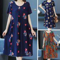 Mother Dress O Neck Colorful Short Sleeve Plus Size Flower Print Big Pockets Summer Dress Daily Clothes