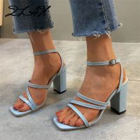 Fashion Brand Summer Ladies White High Heel Sandals Zlah Simple Sandals Women Square Toe Thin Belt Women Sandals Womens Shoes 43