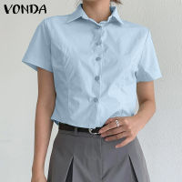 VONDA เสื้อคอเสื้อเชิ้ตลำลองสีทึกเสื้อสตรีปกสั้นแขนผู้หญิงมีกระดุม (ดอกไม้เกาหลี)