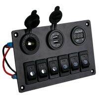 6 Gang Switch Panel with 12V-24V LED Digital Voltmeter Dual USB Charger Lighter Socket for RV Truck Boat SUV