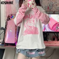 KOSAHIKI 2022 Fake Two Pieces Long-sleeved Womens T-shirts Cartoon Print Harajuku Style Stitching Striped Loose Top Japan Style