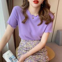 COD DSFERTRETRE Cotton short-sleeved ruffled shirt ins casual all-match slim solid color blouse