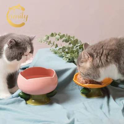 Camily ชามแมวสัตว์เลี้ยงดอกไม้เซรามิกชามอาหารเท้าสูงแมวชามข้าวชามน้ำป้องกันการพลิกคว่ำจานอาหารเซรามิก