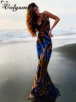 ✠๑❁ Colysmo Print Maxi Dress Women Sexy Low Cut Cowl Neck Back Lace Up Sexy Dresses Seaside Party Club Wear Long Dress 2020 New