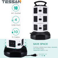 9.8FT / 3 เมตรสายไฟต่อพร้อมพอร์ต USB Power Strip Tower - TESSAN Mulit Plug 10 ซ็อกเก็ต AC + 4 พอร์ต USB แท่นชาร์จประเภทปลั๊กอะแดปเตอร์ไฟ