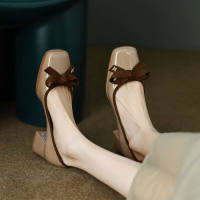 LI4cm 35-40 French Vintage Bow Square-Toe Leather Mary Jane Shoes