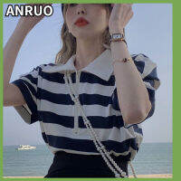 ANRUO เสื้อยืดแขนสั้นลายทาง,เสื้อโปโลคอเสื้อยาวปิดถึงก้นหลวมและอเนกประสงค์สำหรับฤดูร้อน