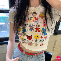 ?Korean Fashion?เสื้อยืดคอกลมแขนสั้น ลายรวมภาพการ์ตูน ทรงครอป