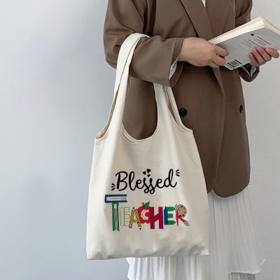 COD DSFGERERERER Best Teacher Pattern Canvas Vest Bags Fashion Shoulder Bags Casual Tote Bags Teachers Day Gift