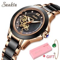 SUNKTA Brand Luxury Women Watches Black Ceramic Diamond Ladies Watch Waterproof Quartz Wristwatch Relogios Femininos Clock Gift