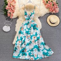 COD DSFGRDGHHHHH Vacation Beach Print Dress Retro Sexy V-Neck Off-Shoulder Slim A-Line Dress Female Korean Style Sling Dresses