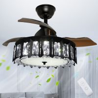 Depuley 42" 36W Remote LED Ceiling Fans with Light Crystal Industrial Retractable Blades 3 Wind Speeds for Bedroom Timing Black Exhaust Fans