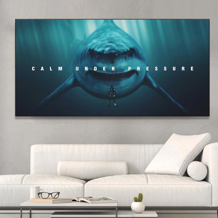 inspirational-shark-poster-stay-calm-under-pressure-ภาพวาดผ้าใบขนาดใหญ่สำหรับตกแต่งห้องนั่งเล่น