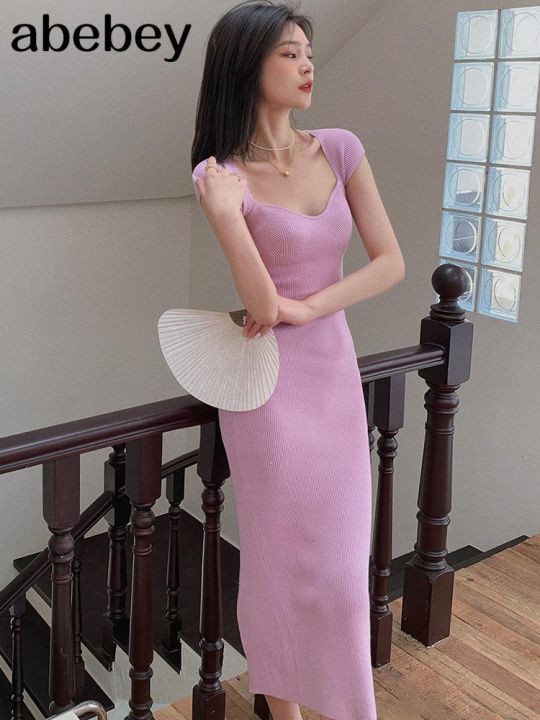 yf-spring-summer-short-cap-sleeve-knitted-sexy-bodycon-dress-back-slit-square-neck-casual-vintage-elegant-maxi-long-women