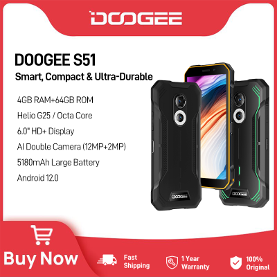 DOOGEE Rugged Smartphone 2022, S51 NFC Rugged Phones, 4GB+64GB SD 512GB, 5180mAh Battery, Dual SIM 4G, 6.0" IPS HD, IP68 Waterproof Outdoor Rugged Phone Unlocked, GPS Outdoor Rugged Android Phone