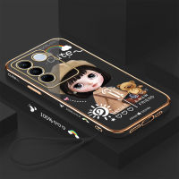 เคสใส่โทรศัพท์ Vivo V27 5G V27 Pro 5G Vivov27เคสฟรีสายคล้อง5G + สาวน่ารักการ์ตูนลายขอบสี่เหลี่ยมชุบเคสโทรศัพท์ชุบหรูหราชุบเคสใส่โทรศัพท์นิ่ม