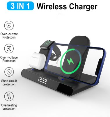 4 In 1 Wireless Chargers Station 15W สำหรับ 13 11 12 X สำหรับ Samsung 7-2 Charge Station สำหรับ Pro พร้อมนาฬิกา