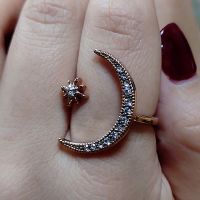 [COD]wish ขายร้อนใหม่ Crescent Tooth Star Moon Ring ชุบยุโรปและอเมริกา 18k แหวนหมั้นแบบเปิดที่เกินจริงอย่างสร้างสรรค์