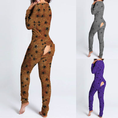 2021Womens Pajamas Sleepwear Button-Down Halloween Print Womens Underwear Pijama Functional Buttoned Flap Pyjamas Home Pajama Sets