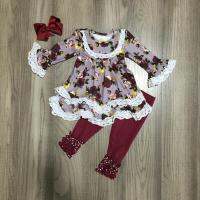 FallWinter baby girls outfit children cotton clothes ruffles wine burdy floral flower ruffles Bell-bottoms pants match bow