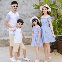 【hot】 Matching Outfits Mom Daughter Striped Shoulder Dad Son Cotton Short Tee Couple Clothing Set