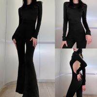 Women Flare Leg Jumpsuit Fashion Long Sleeve Backless Solid Color Bodycon Romper Pants V728