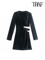 【YF】 TRAF Women Fashion Hollow Out Pleated Mini Dress Vintage Long Sleeve Side Zipper Female Dresses Vestidos Mujer