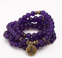 ลูกปัด108สีม่วง8มม. ยืดหยุ่นปรับได้ลายดอกบัว Agate Onyx เรกิสำหรับ Buddha OM ตาสร้อยคอสร้อยข้อมือโยคะแฟชั่น Cfg2s