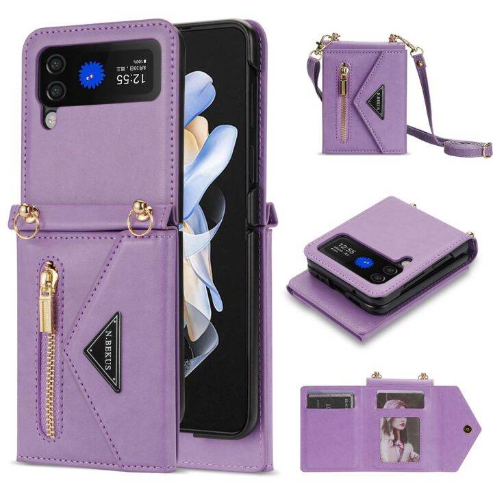 เคสโทรศัพท์กระเป๋าเงินสะพายเฉียงเหมาะสำหรับ-samsung-galaxy-z-z-flip-5-4-3-flip5-flip4-flip3-5g-ที่ยึดช่องเสียบบัตรปกหนังสายคาดที่คล้อง