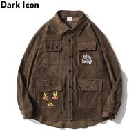 Dark Icon Pockets Cargo Corduroy Shirt Jacket Men Autumn Outerwear Mens Jacket Brown Black