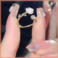 Vegoo ของขวัญคริสต์มาสไข่มุกอ่อนโยน Camellia สร้อยข้อมือแหวนปรับรูเปิดได้สร้อยคอวินเทจสำหรับผู้หญิงโซ่มือเครื่องประดับหรูหราเครื่องประดับเครื่องประดับงานแต่งงาน