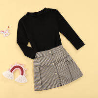 【Forever CY Baby】Girls Casual Two-Piece Clothes Set, Black Solid Color Knitwear And Plaid Printed Pattern Skirt