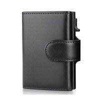 Fashion Mens Automatic Pop Up High Quality Genuine Leather Wallet With Coin Pocket RFID Protect Aluminum Card Holder