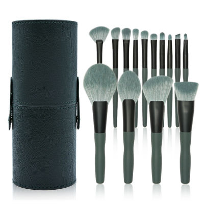 Vegan Makeup Brushes Set 14pcs Professional High Quality Soft Hair Green Foundation Make Up Cosmetic Beauty Tools With Holder