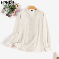 (จัดส่งฟรี)Fancystyle VONDA ผู้หญิงลูกไม้ลำลองธุรกิจเสื้อเชิ้ตผ้าต่อสีสำนักงานสำนักงานแขนยาวเสื้อคอวี #2