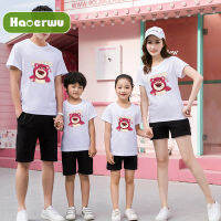 HAOERWU ผู้ปกครอง-เสื้อผ้าเด็ก,ครอบครัวสามคนหรือสี่,แม่และลูกสาว,หมีสตรอเบอร์รี่,เสื้อยืดผ้าฝ้าย,เสื้อครอบครัวแขนสั้นระดับไฮเอนด์,ครึ่งแขน