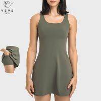 2in1 Square Neck Tennis Golf Dress Skirt Soft Nylon Sleeveless Exercise Sport Dresses with Built In Shorts&amp;Pocket