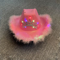 New Western Style Cowboy Hat Pink Womens Fashion Party Cap Warped Wide Brim with Sequin Decoration Crown Tiara Cowgirl Hat