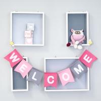 ป้ายธงผ้า Welcome โทนชมพู Handmade ประดับด้วยลูกปัดไม้ เชือกยืดได้ แข็งแรง ต้อนรับเด็กแรกเกิด Baby Shower [พร้อมส่ง]