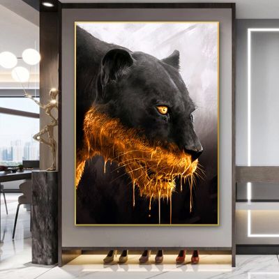 Black Golden Panther ภาพวาดผ้าใบ Tiger Lion โปสเตอร์พิมพ์สัตว์หรูหราภาพผนังศิลปะห้องนั่งเล่นตกแต่งบ้าน