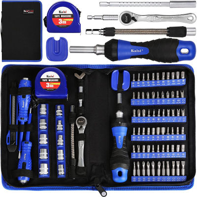 Kaisi 87-Piece Ratcheting Screwdriver Set Ratchet Wrench Magnetic Drive Kit 67 Multi-Size Bits and 1/4" Drive Sockets with Portable Oxford Bag for Home Repair, Improvement, Garage. Best Tool Set Gift