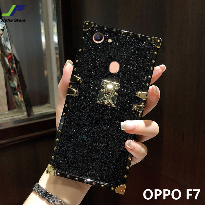 jiefie-เคสโทรศัพท์-oppo-f7-เคสกันกระแทกชุบโครเมียมสี่เหลี่ยมผงแฟลชสำหรับโทรศัพท์