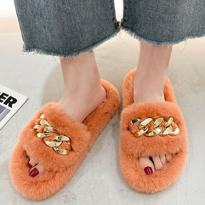 summer-fluffy-women-slippers-gold-chain-fur-slippers-shoes-women-fox-fur-flip-flop-flat-furry-fur-slides-outdoor-sandals-woman